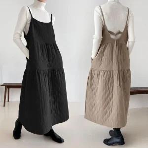 겨울 누빔 패딩 뷔스티에 리본 롱 원피스 오피스 임부복 Tb111