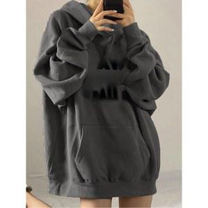 딥 그레이 아메리칸 레트로 후디 여성용 가을 겨울 두꺼운 오버사이즈 트렌디 브랜드 탑 코트 루즈핏 긴팔 프린트