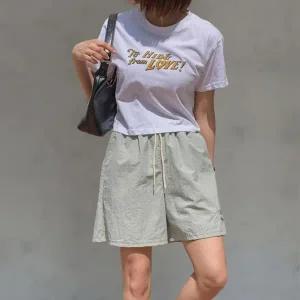 [다잇템] 여성 고무줄 나일론 4부 크로쉐 키치무드 문구 숏팬츠