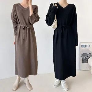 여성 봄 가을 허리끈 브이넥 긴팔 니트 롱 원피스 OP0565S 빅사이즈 루즈핏