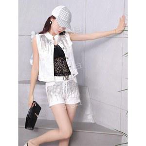 난타복 댄스복 고고장구의상 공연복 데님 반바지 조끼 라인댄스 여성 트로트 태슬 반짝이