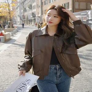 코트 하프 트렌치 브라운 PU 가죽 자켓 재킷 숏 아우터웨어 여성 여자 봄 가을 겨울 루즈핏 바이커 스타일