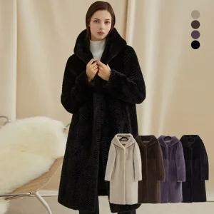 VEGAN FAUX 밍크 후드 롱 코트 4종택1
