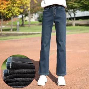 동대문스타일 여자 기모청바지 통일자 밴딩 스판 융본딩 데님 팬츠 여성 겨울 보온 와이드진 HK803(기모)
