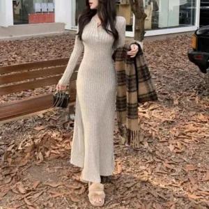 롱치마 베이지 니트 롱 슬림핏 골지 여성 원피스 (49U7h)