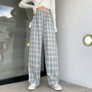 홈웨어 와이드 쿨 여름 밴딩 고무줄 통 바지 체크무늬