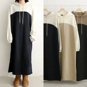 임산부 기모 루즈배색 후드원피스 빅사이즈 여성 겨울 임부복