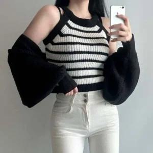 배색 세트 니트 크롭 스트이프투피스 볼레로 나시 가