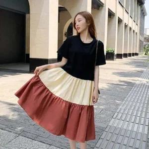 여자 A라인 배색 트렌드 반팔 롱원피스 데일리 나들이