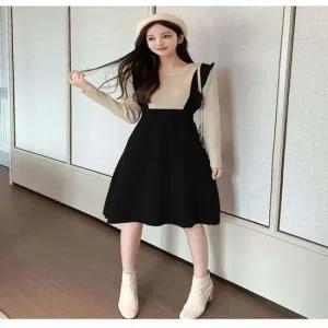 F16593a 멜빵 느낌 투피스 프릴 슬림핏 니트 원피스