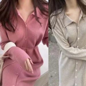 카라 원피스 데일리 니트 허리끈 보온 단추 롱원피스