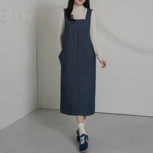 [로즈미] [55~77] 도티 레이어드 데님 멜빵원피스