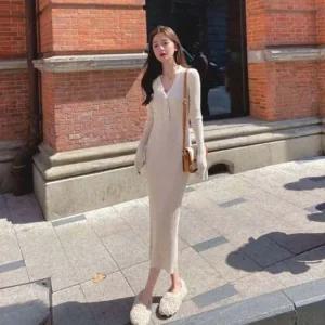 단추 슬림 데일리 롱 니트 클래식 원피스 블랙 골지