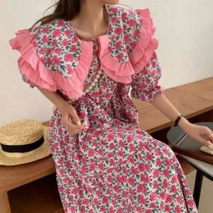 플라워 롱원피스 카라 핑크 바캉스 휴가 빅카라 여름