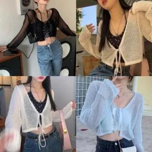 무지 숏 미니 끈 볼레로 여름 퓨린그물가디건 메쉬 긴