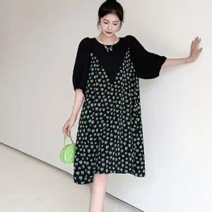 여자 그린 루즈핏 트렌드 하트 반팔 데일리 원피스 1P