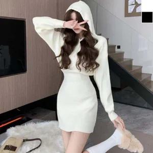 골지 니트 스타일 미니 후드 원피스 고품질 봄가을 데