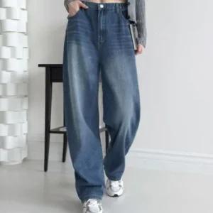 여성용 캐주얼 뒷밴딩 와이드 배기 데님팬츠