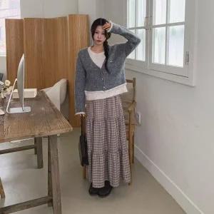[다잇템] 여성 고무줄 격자 롱 콘트라스트 티어드 귀여운 스커트_23540894_588872