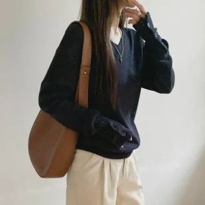 [다잇템] 여성 빅사이즈 울혼방 V넥 잔골지 롱슬리브 니트_23540820_588872