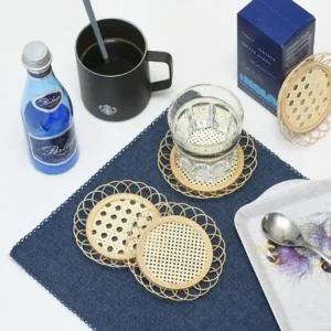 해바라기 모양 라탄 인테리어 소품 우드 코스터