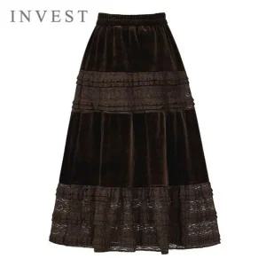 [신세계라이브쇼핑][인베스트] 레이스 배색 벨벳 롱 스커트_IN5W1SK8161