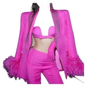 가수 깃털장식 행사 의상 화려한 트로트 무대 핑크 비즈 자켓