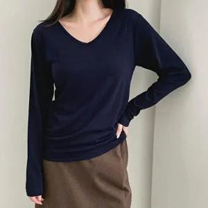 [옷자락]여성 기모 무지 컬러 레이온 스판 브이넥 긴팔 티