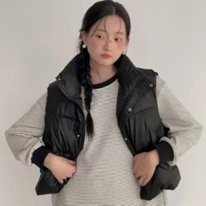 여성 겨울 귀여운 크롭기장 꾸안꾸 스티치 패딩 조끼 남녀 작업 여성 용 남자 방한 커플 남성 경량패딩