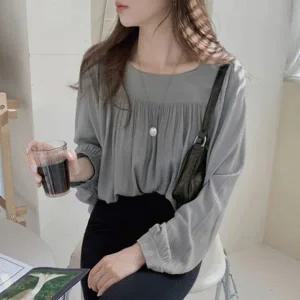 여자 긴팔 상의 긴팔 스퀘어넥 쉬폰 블라우스 데이트룩