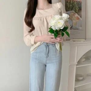 스퀘어넥 블라우스 쉬폰 프릴 봄 가을 여자 긴팔 상의
