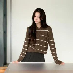 여성용 도톰 스트라이프 카라 가디건
