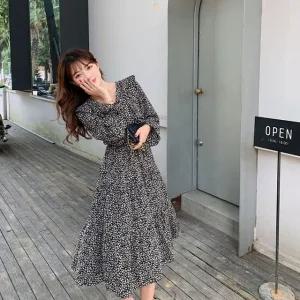 프릴 플라워 여성 쉬폰 롱 원피스 봄 가을 데이트룩 (WE86471)