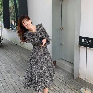 고품질 프릴 플라워 여성 쉬폰 롱 원피스 봄 가을 데이트룩 (WE86471)