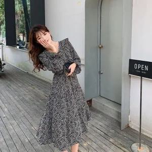 고품질 프릴 플라워 여성 쉬폰 롱 원피스 봄 가을 데이트룩 (WE86471)