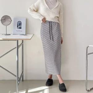 [신세계라이브쇼핑][옷자락] 여자 H라인 단가라 하이웨스트 밴딩 포켓 롱스커트