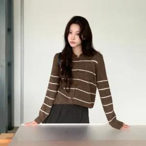 여성용 도톰 스트라이프 카라 가디건