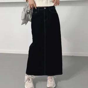 여자 벨벳치마 뒤트임 일자 스티치 블랙 데님 롱스커트