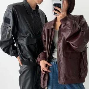 여자 빈티지 가죽재킷 오버핏 카라넥 투웨이 커플 자켓