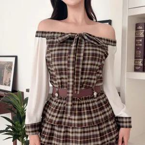 여자 체크 배색 슬림핏 가을 오프숄더 리본 블라우스