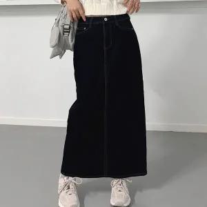 여자 벨벳치마 뒤트임 일자 스티치 블랙 데님 롱스커트