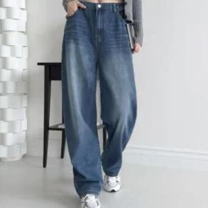 여성용 캐주얼 뒷밴딩 와이드 배기 데님팬츠