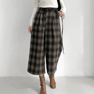 [신세계라이브쇼핑][옷자락] 여자 링 줄벨트 체크 핀턱 와이드핏 8부 뒷밴딩 바지