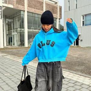 [신세계라이브쇼핑][옷자락] 여자 기모후드티 크롭 박스핏 레터링 비비드 티셔츠