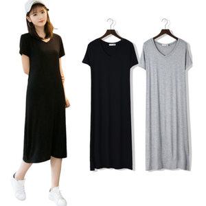 브이넥 원피스 봄 여름 빅사이즈 부드러운 면 반팔 롱 원피스 여름 2color