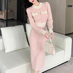 [옷자락]여자 클래식 연말 잔체크 슬림 포켓 롱 니트 원피스