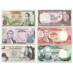 남아메리카 지폐 콜롬비아 화폐 6종 세트 수집 옛날돈 페소오로 기념품 이벤트 교육 세계지폐