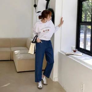 [옷자락]여자 맘핏 레트로 배기청바지 밴딩 다크진 면바지_P350086997