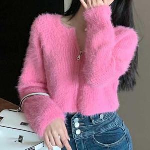 [오노마] ONM 여성 크롭 긴팔가디건 앙고라 집업 숏니트 데이트룩