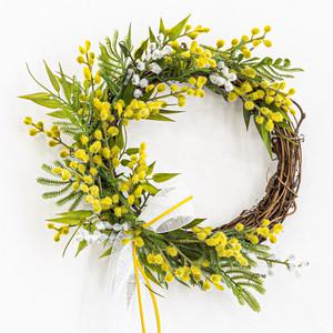 미모사 조화 꽃 리스 벽장식 생화 같은 22x22cm 인테리어 벽걸이 현관 문 꾸미기 소품